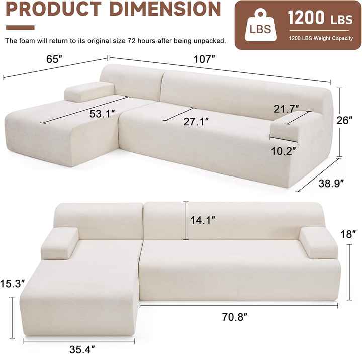 Sofá seccional esquinero en forma de L de 107" para sala de estar