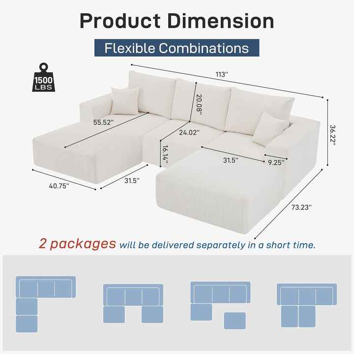 Sofá seccional Cloud Boneless de 113'' para sala de estar