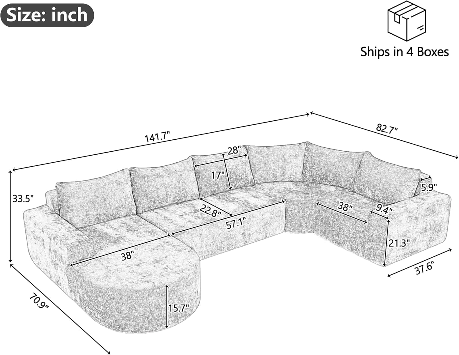Sofá modular de compresión en forma de U de 141.7 pulgadas