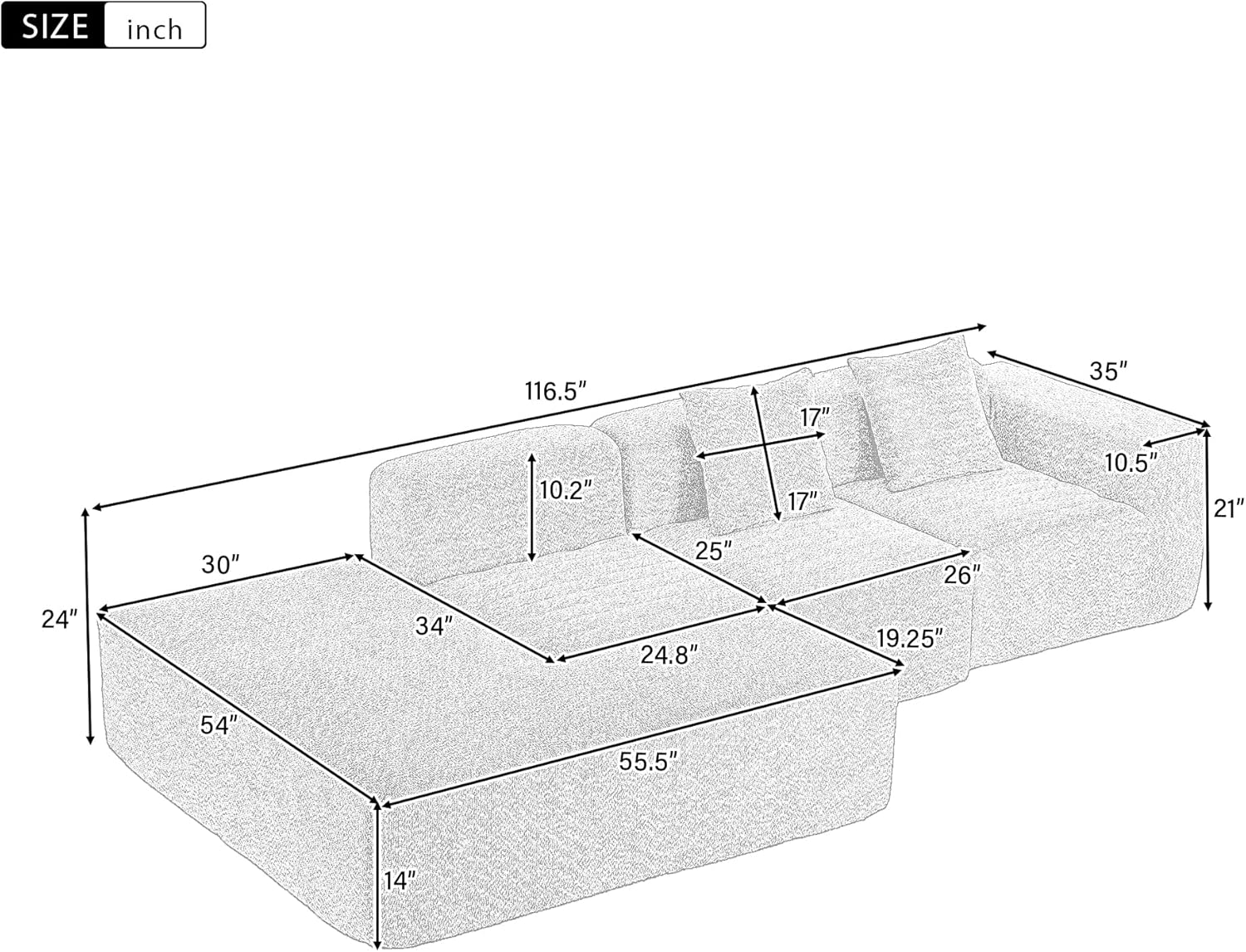 Sofá modular seccional de compresión completa para sala de estar