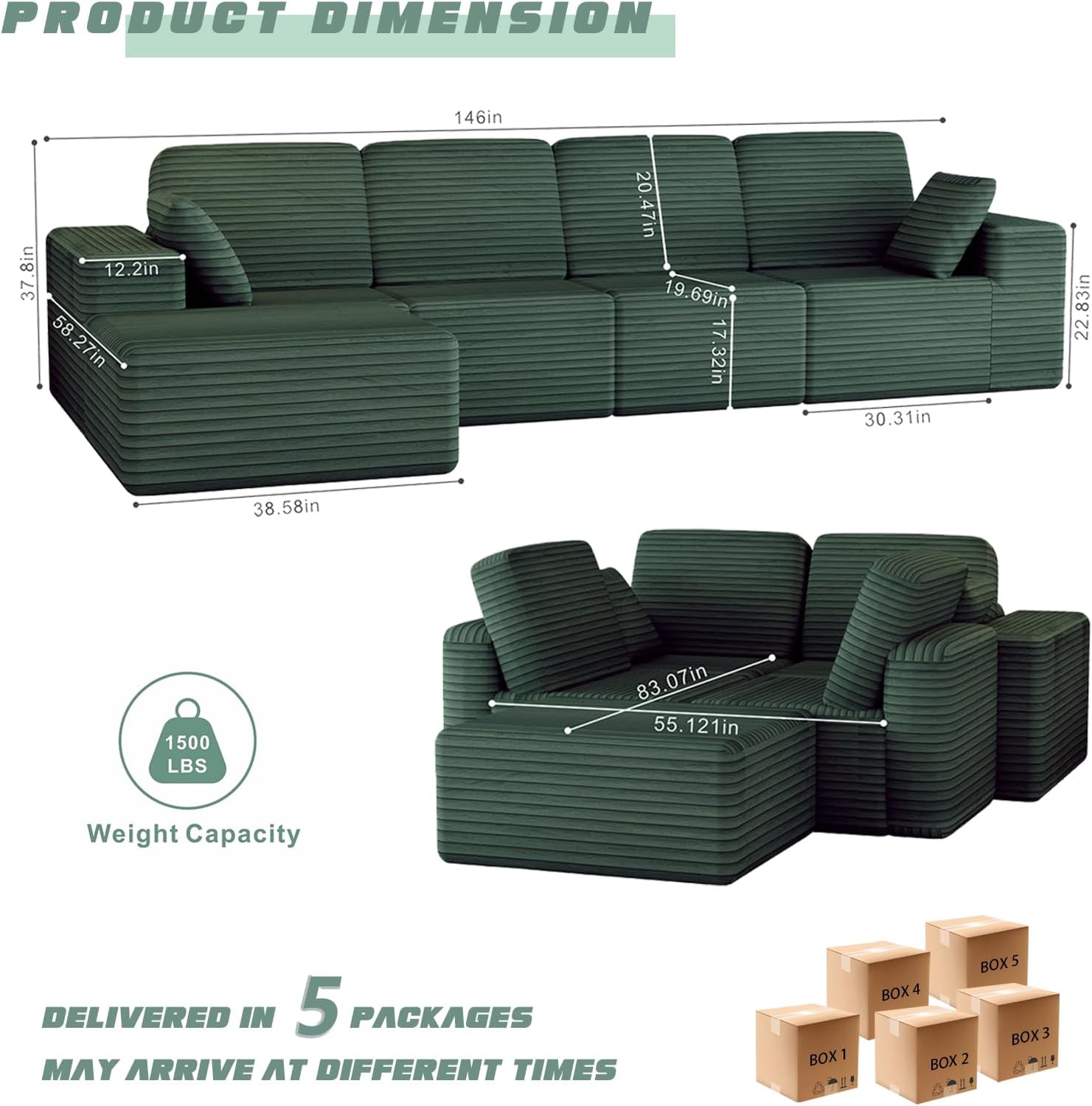 Sofá modular de compresión seccional en forma de U de 146"