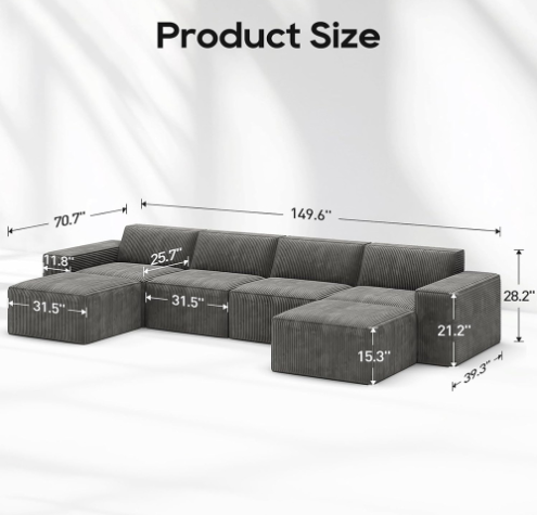 Sofá modular seccional de pana de 4 plazas con esponja comprimible 30D
